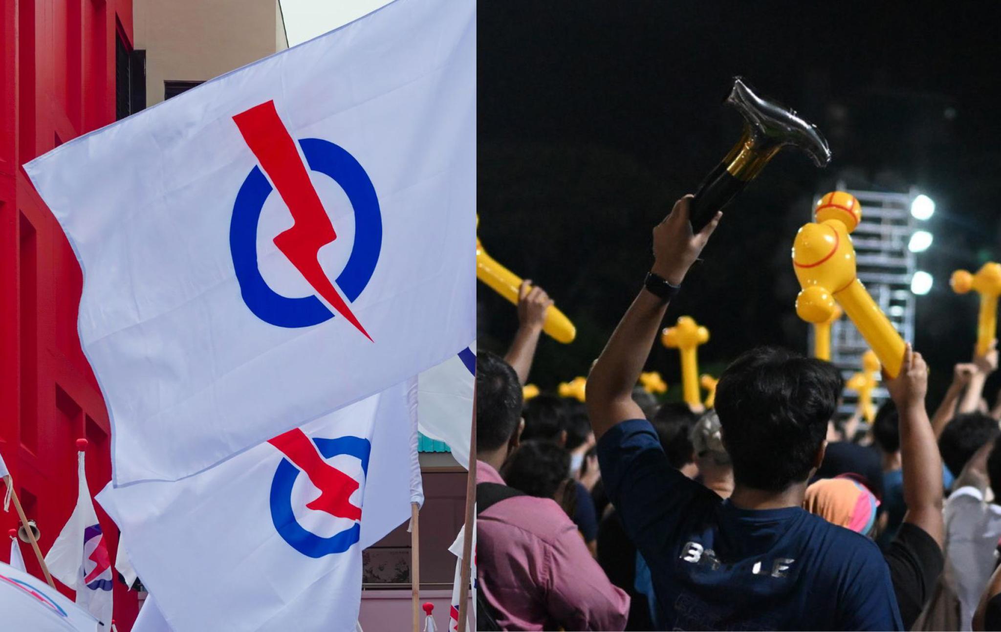 People's Action Party (PAP) flags from Adobe Stock; Workers' Party rally by Ja Ian Chong.