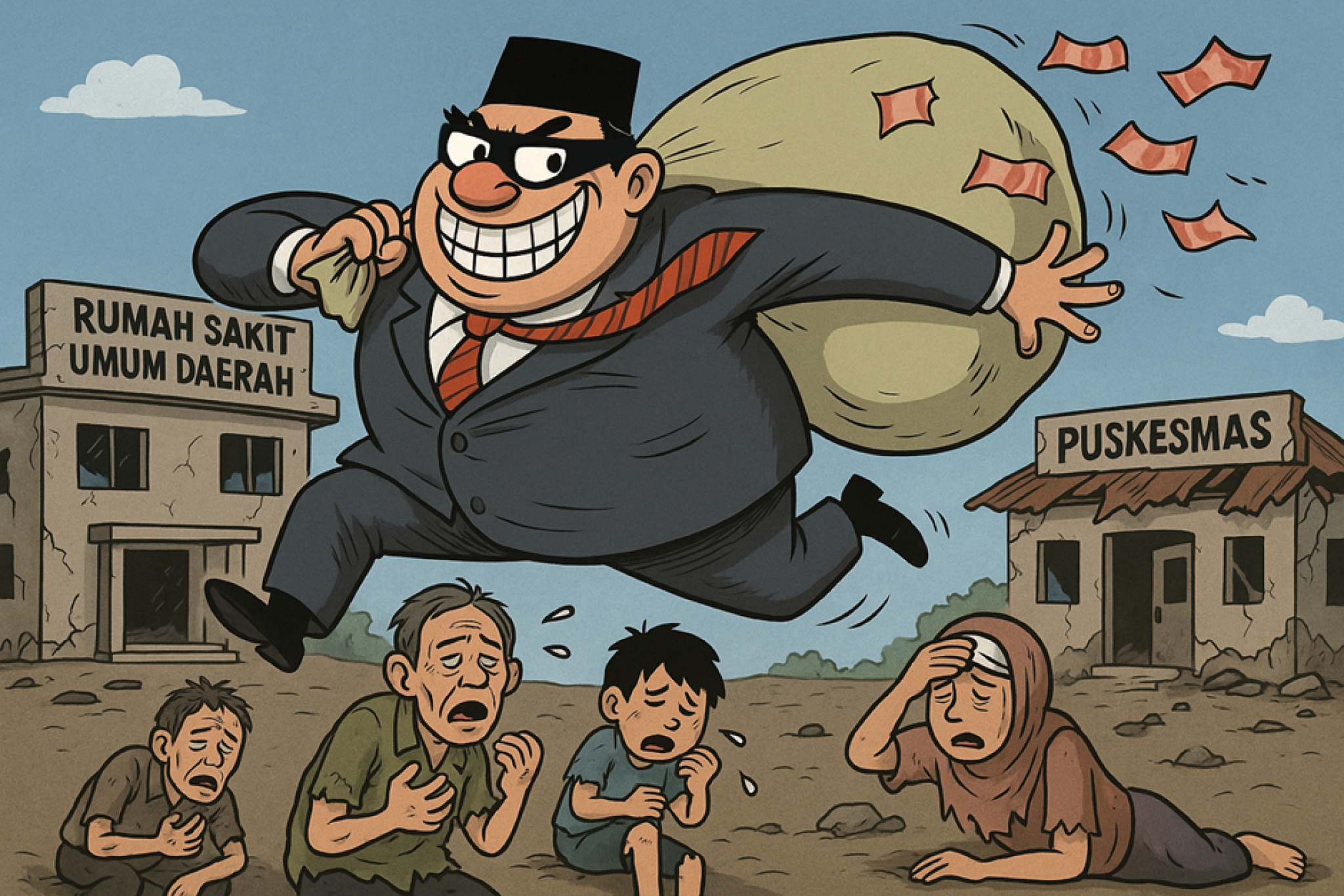 Illustration of a corrupt local elite enriching himself as his people endure suffering and the collapse of public healthcare. 