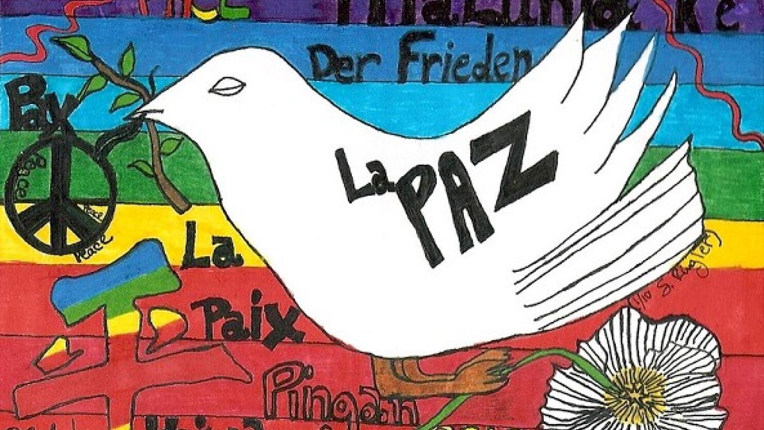 Image of handmade peace themed postcard with ‘peace’ in various languages by Stephanie at https://flic.kr/p/7v93W6 free to use under CC BY-ND 2.0 DEED licence 