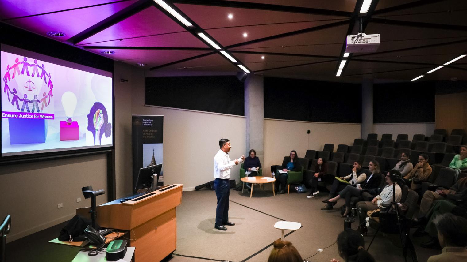 PhD student Subrata Banerjee delivers his 3MT presentation. 